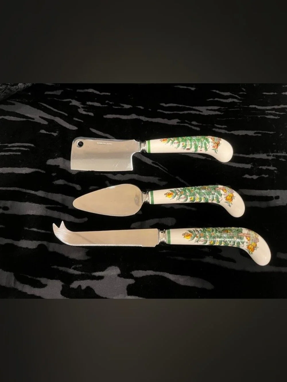 Vintage Spode Christmas Tree 3-Piece Cheese Serving Set - Stainless & Porcelain